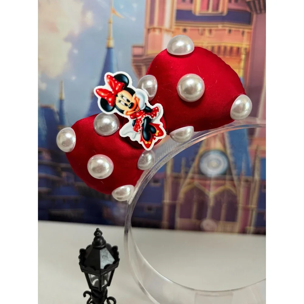 Mouse Red Pearl Polka Dot Bow Charm Hair Clips . 2pc